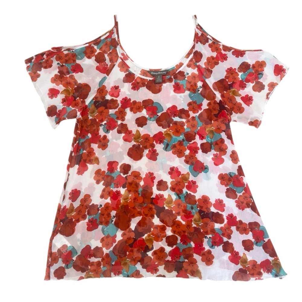 Tommy Bahama 100% Silk Sheer Floral Red Cold Shoulder Blouse Size 6